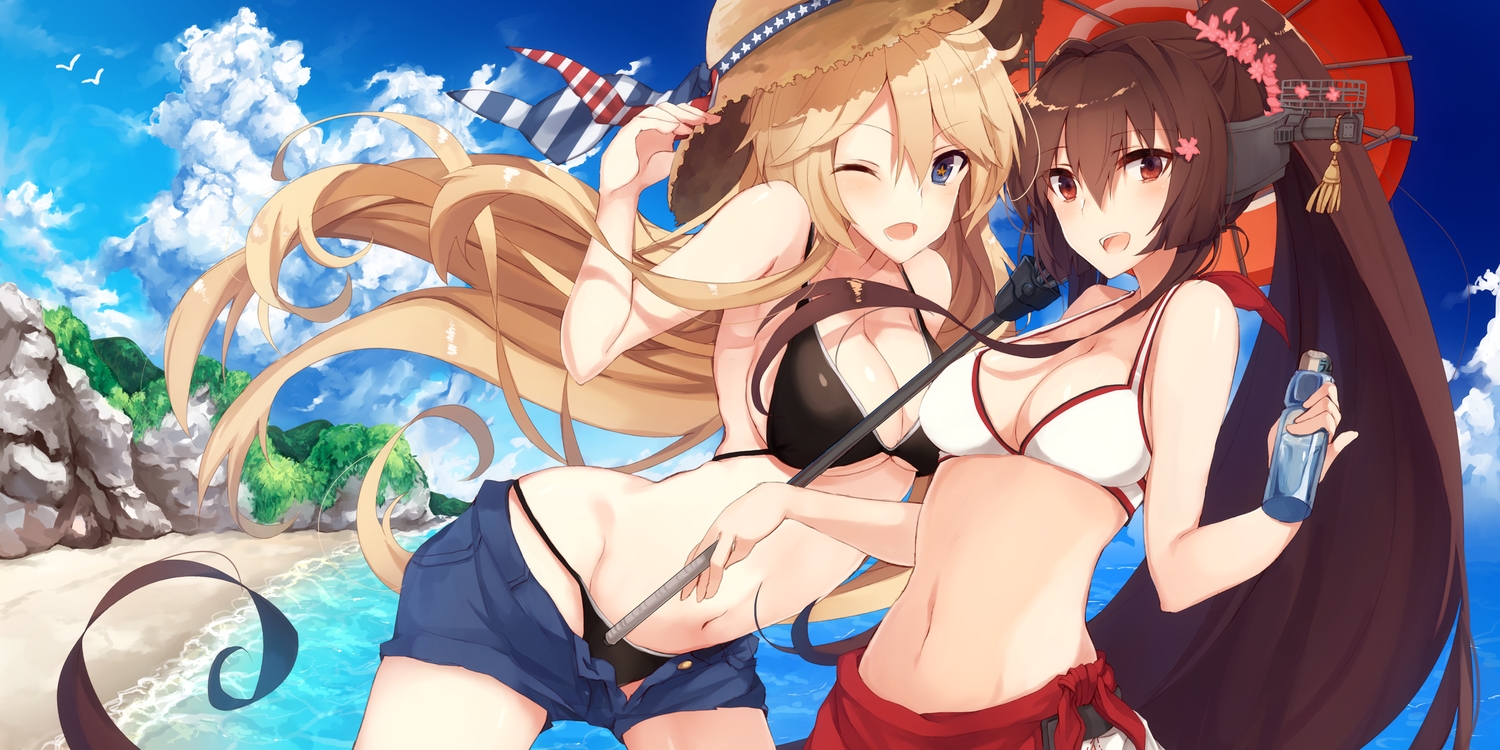 2girls, anthropomorphism, bikini, blonde_hair, blue_eyes, blush, breasts, brown_hair, cleavage, clouds, drink, flowers, hat, iowa_(kancolle), kantai_collection, kinona, long_hair, navel, red_eyes, sky, swimsuit, umbrella, water, wink, yamato_(kancolle)
