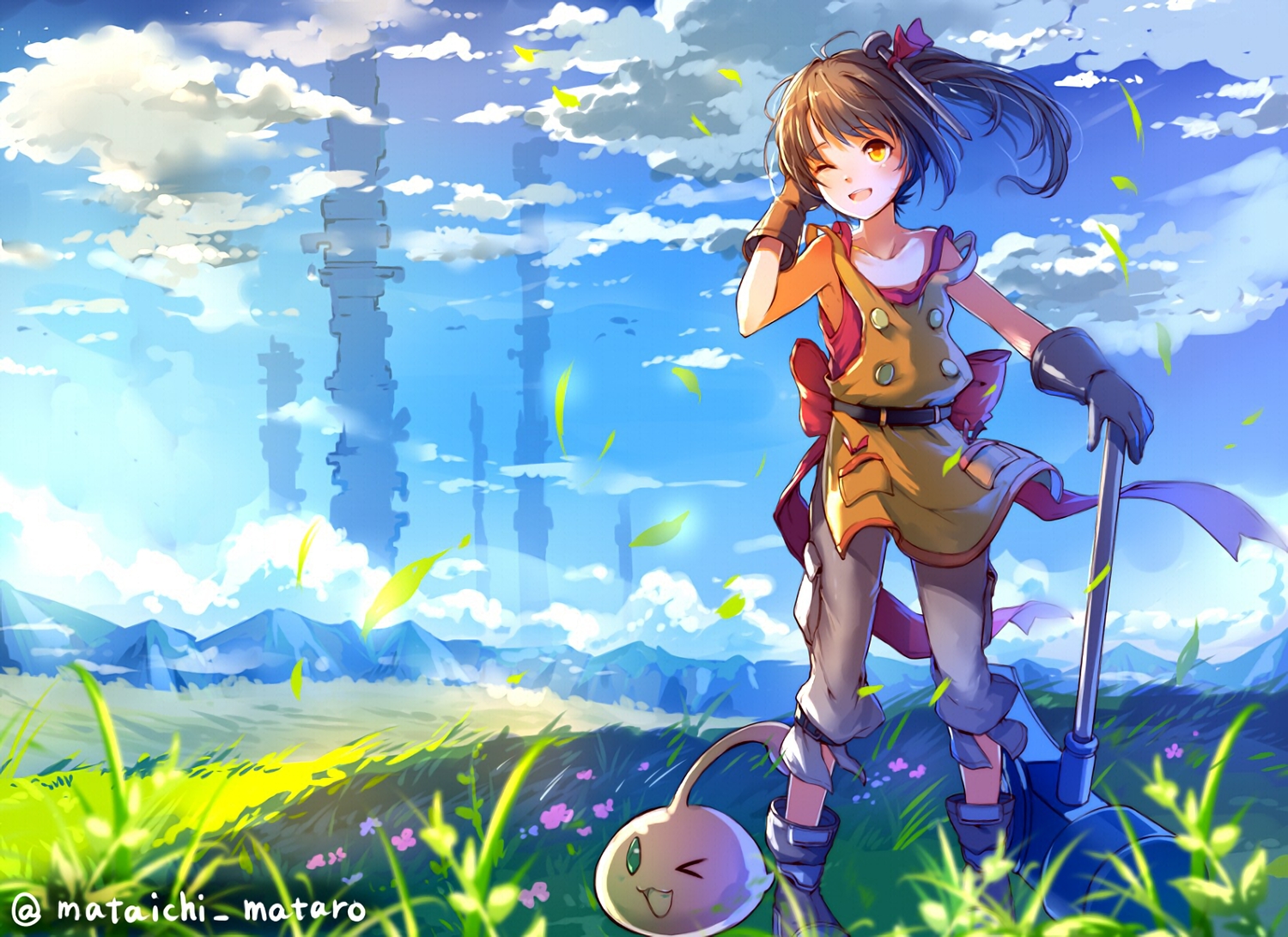 apron, boots, brown_hair, clouds, flat_chest, gloves, grass, loli, ole_tower, orange_eyes, ponytail, sky, tagme_(artist), tagme_(character), waifu2x, watermark, wink