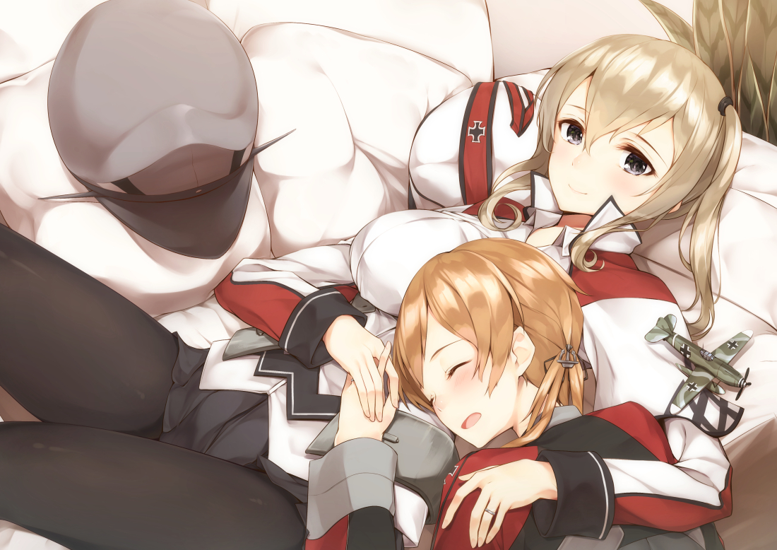 2girls, anthropomorphism, blonde_hair, blush, gedou_(shigure_seishin), graf_zeppelin_(kancolle), gray_eyes, hat