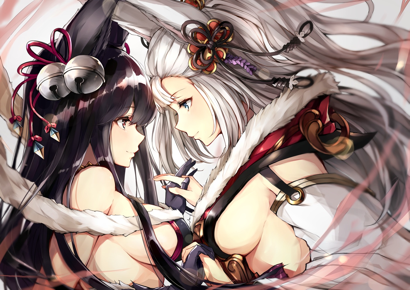 2girls, animal_ears, bell, black_hair, blue_eyes, breasts, brown_eyes, foxgirl, gloves, granblue_fantasy, headdress, long_hair, oyu_(sijimisizimi), shoujo_ai, sideboob, societte_(granblue_fantasy), white_hair, yuel_(granblue_fantasy)