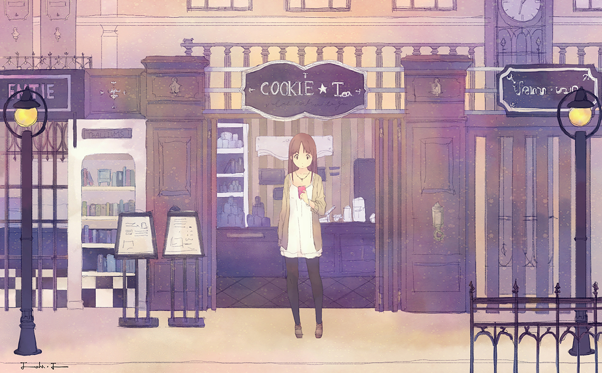 brown_hair, building, city, dress, original, pantyhose, phone, scenic