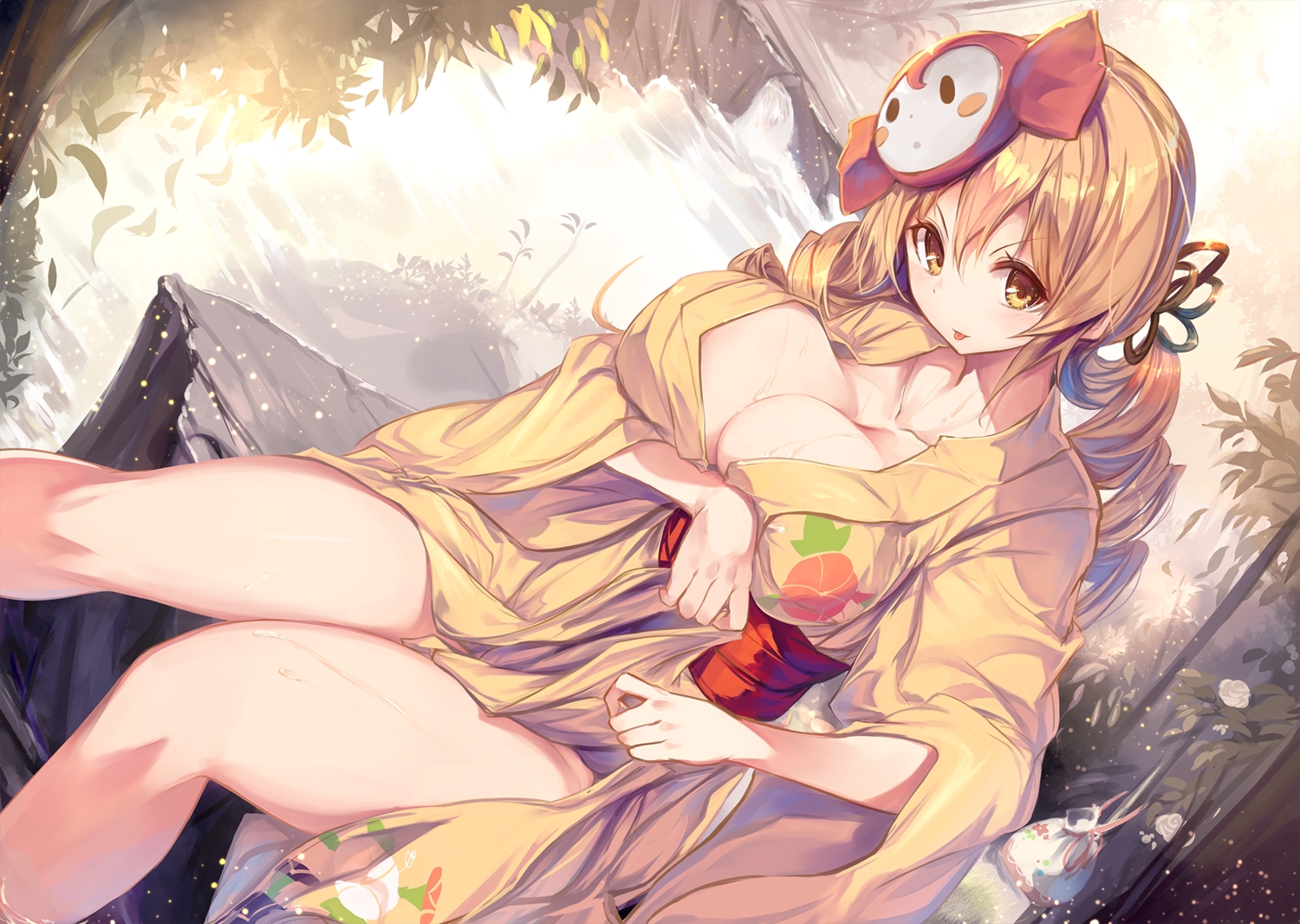 blonde_hair, breasts, cleavage, fal_maro, japanese_clothes, long_hair, mahou_shoujo_madoka_magica, mask, no_bra, nopan, skirt_lift, tomoe_mami, tree, twintails, water, wet, yellow_eyes, yukata