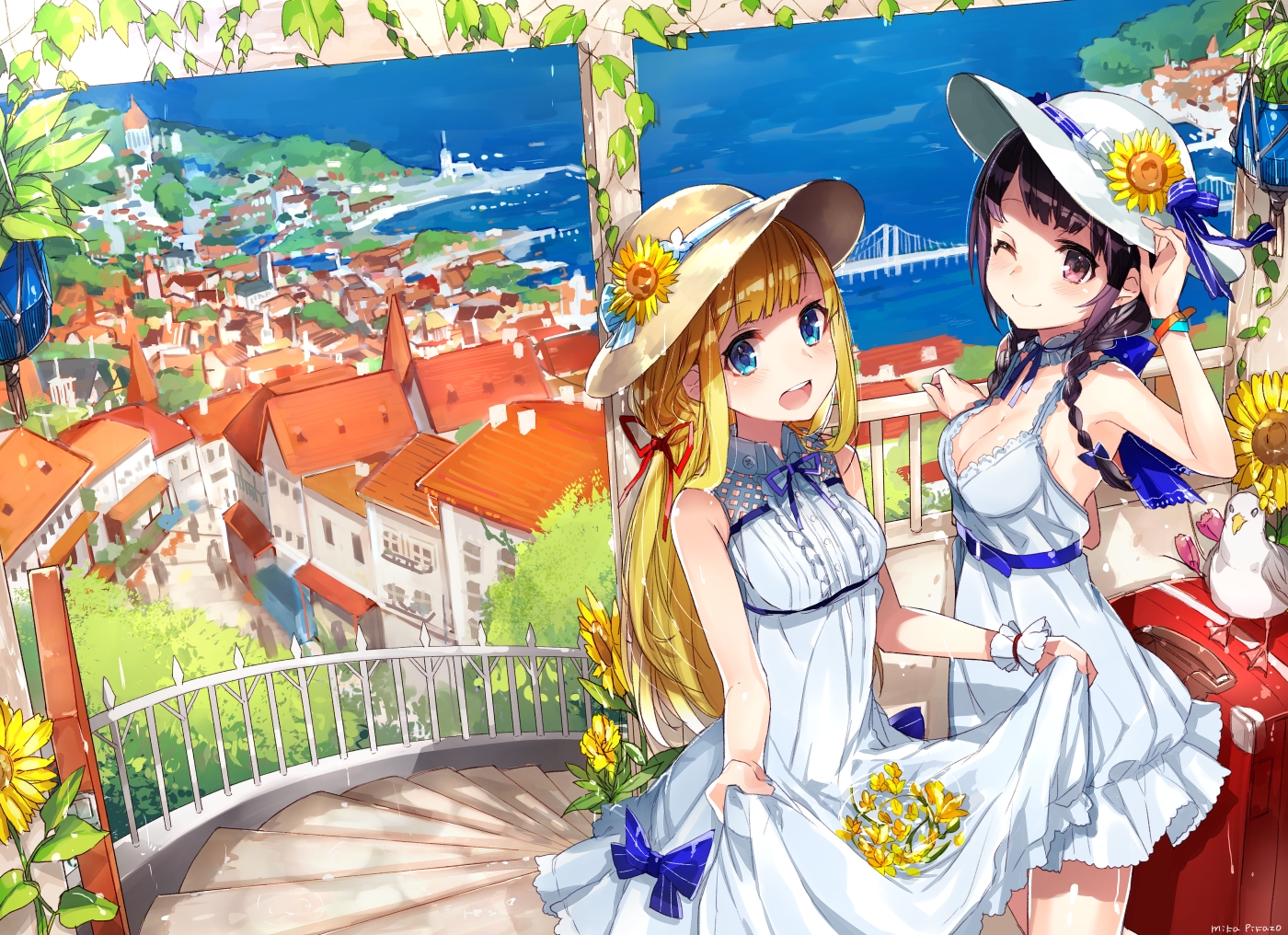 aliasing, animal, aqua_eyes, bird, black_hair, blonde_hair, blush, bow