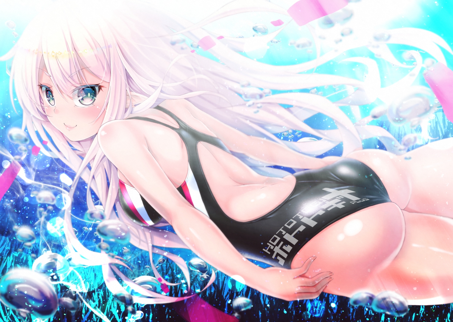 aqua_eyes, ass, blonde_hair, bubbles, close, cyanomirahi, long_hair, original, skintight, swimsuit, underwater, water