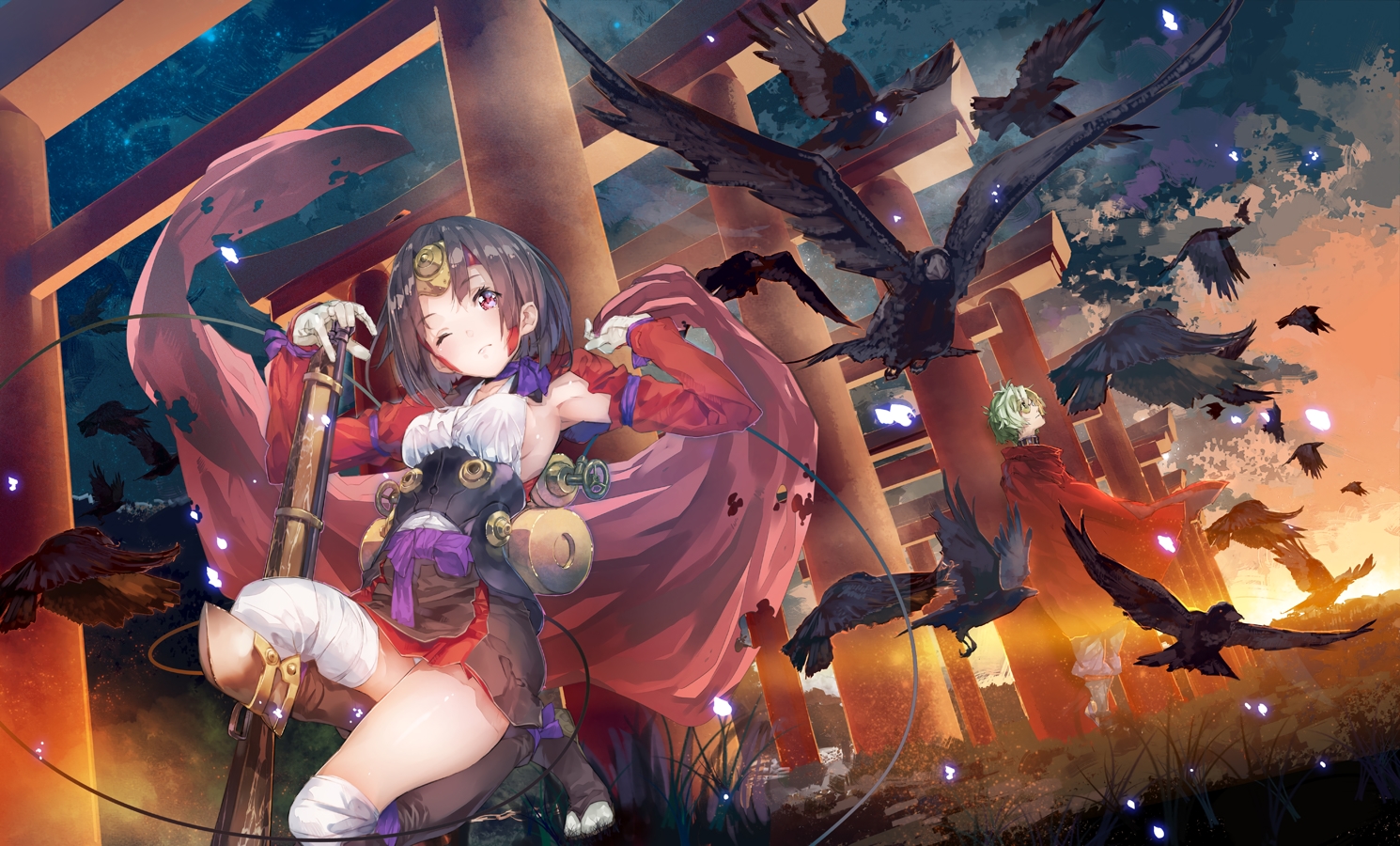 animal, bird, black_hair, boots, choker, glasses, gloves, green_hair, gun, headdress, ikoma_(kabaneri), koutetsujou_no_kabaneri, male, mumei_(kabaneri), panties, red_eyes, underwear, weapon, yuugen