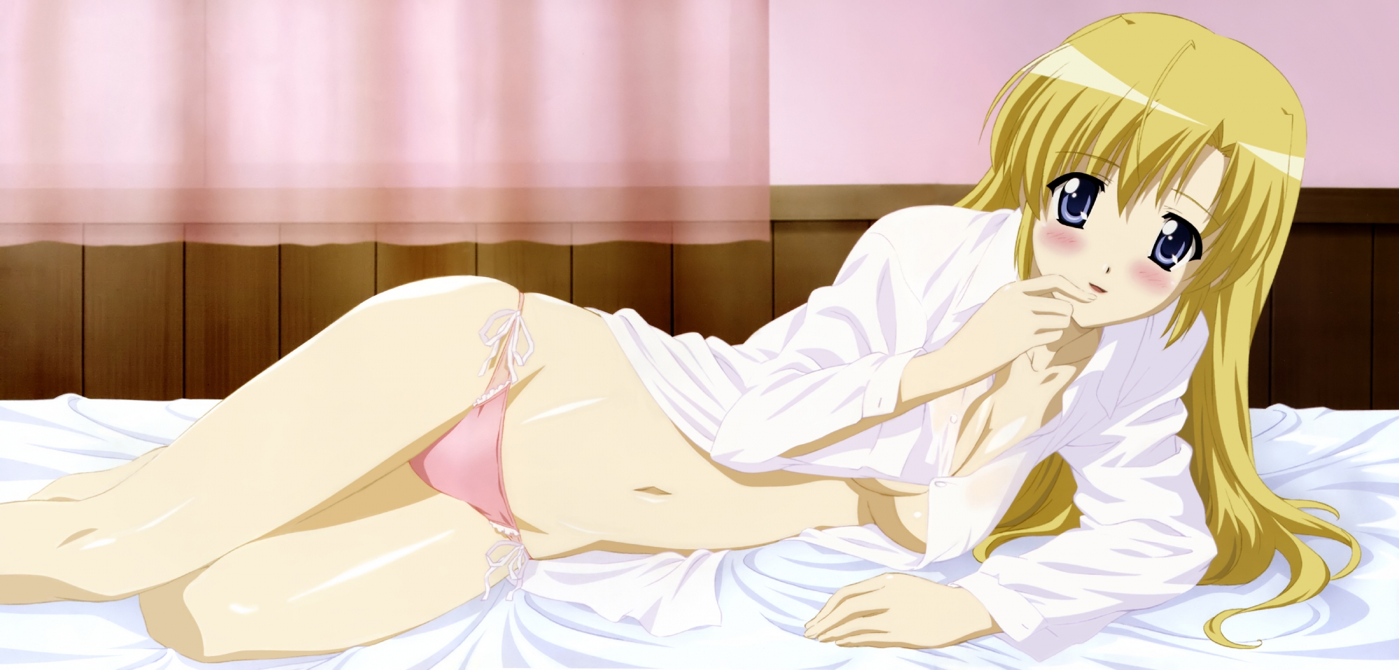 blonde_hair, blush, breasts, canvas, cleavage, duplicate, housen_elis, megami