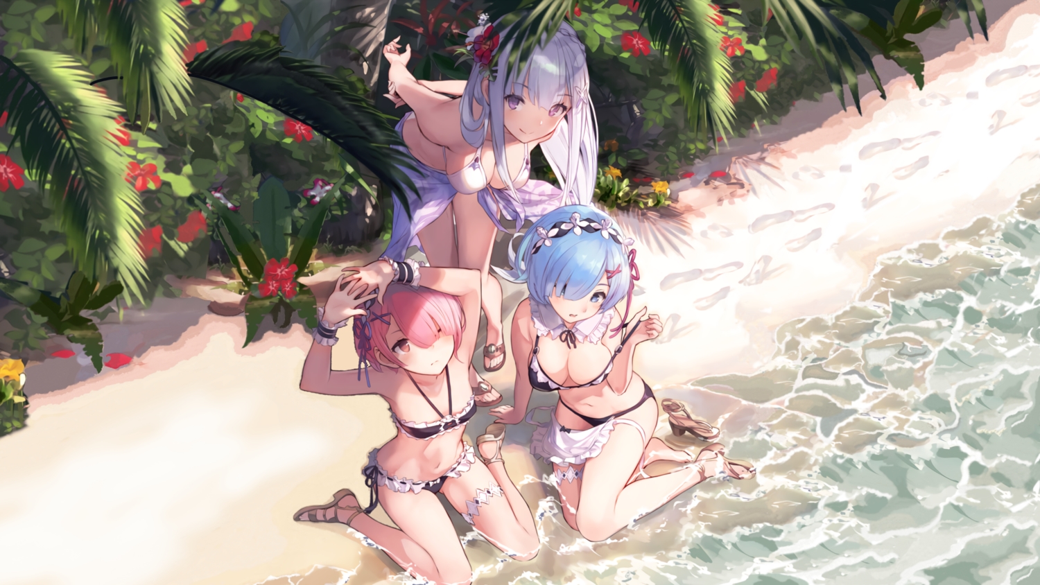 beach, bikini, emilia_(re:zero), ram_(re:zero), rem_(re:zero), re:zero_kara_hajimeru_isekai_seikatsu, supertie, swimsuit, third-party_edit, twins