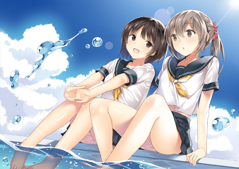 2girls, barefoot, brown_eyes, brown_hair, bubbles, clouds, kazunari, original, ponytail, pool, school_uniform, short_hair, sky, water