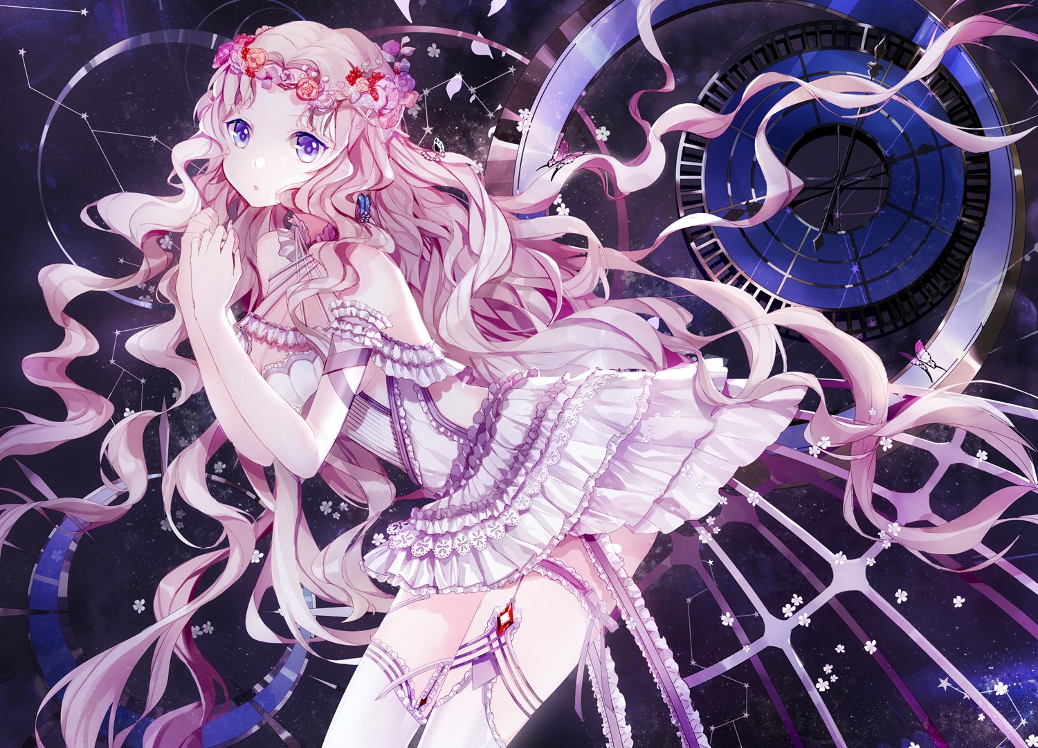 amatsukiryoyu, blue_eyes, butterfly, flowers, garter, headdress, long_hair, original