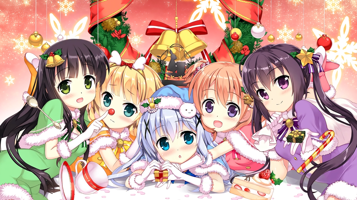 black_hair, blonde_hair, blue_eyes, blush, christmas, fujima_takuya, gloves, gochuumon_wa_usagi_desu_ka?
