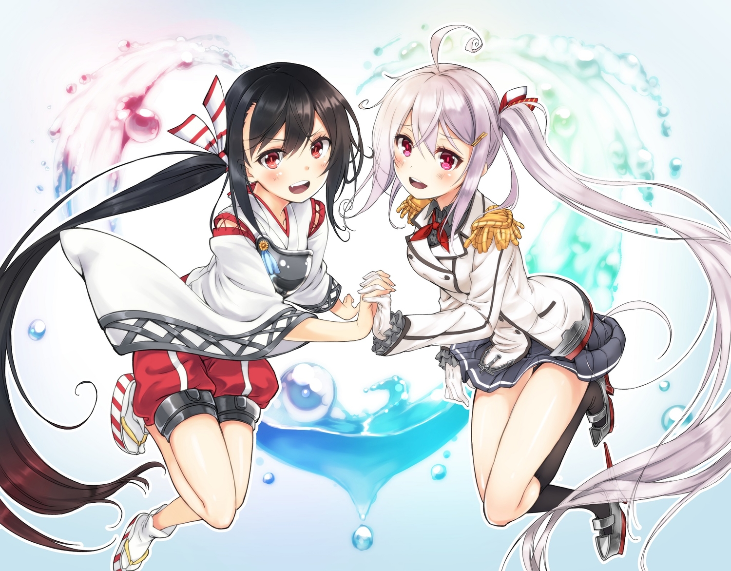 2girls, anthropomorphism, blue_eyes, brown_hair, cosplay, jpeg_artifacts, kantai_collection, kneehighs
