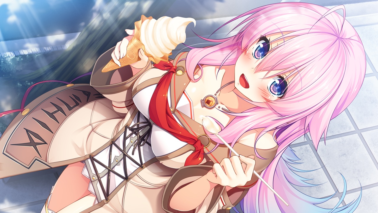 aristear_remain, astronauts, blue_eyes, breasts, cleavage, food, game_cg, ice_cream