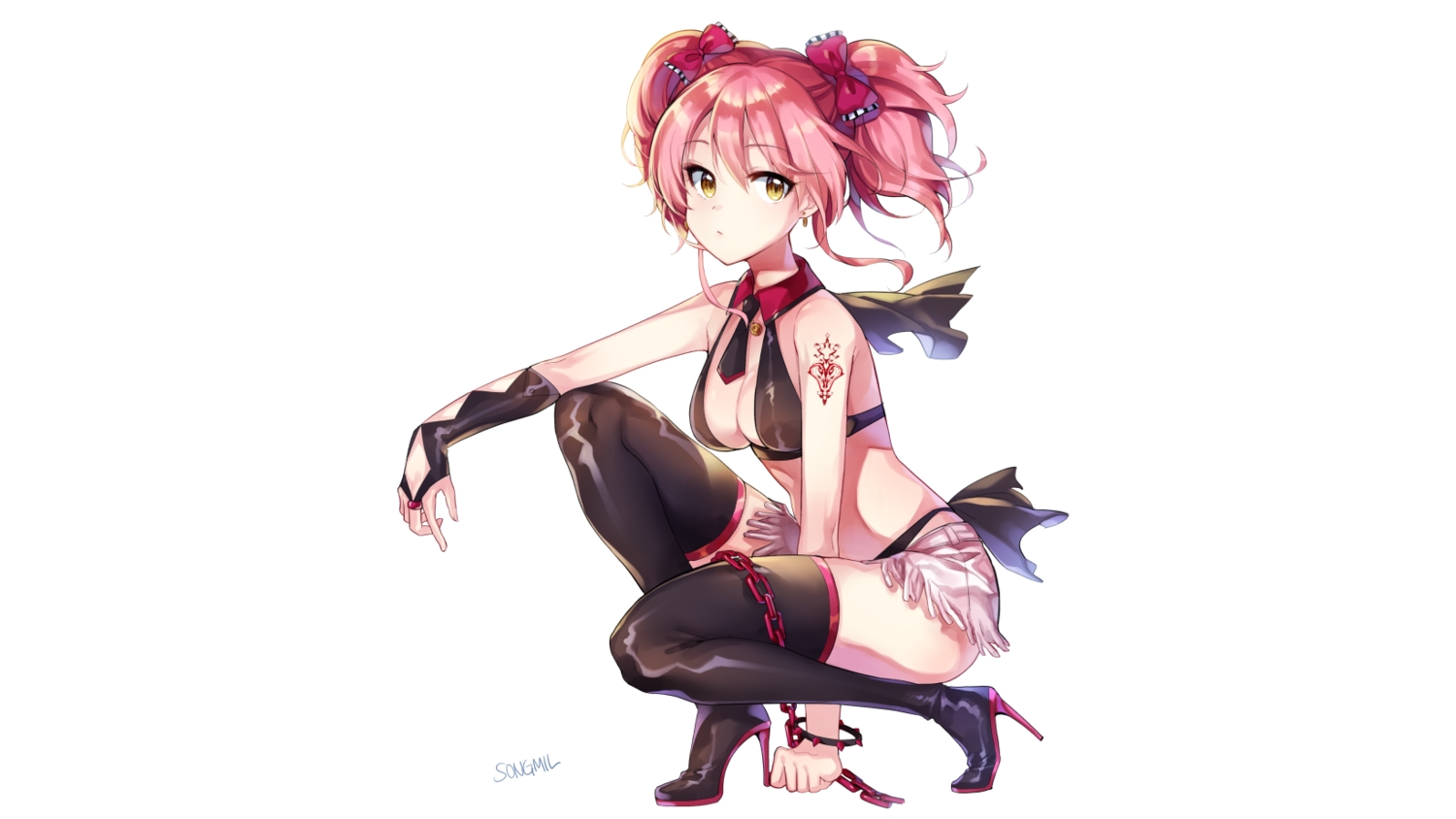 bow, breasts, gloves, idolmaster, idolmaster_cinderella_girls, jougasaki_mika, pink_hair, short_hair, shorts, signed, songmil, tattoo, thighhighs, tie, twintails, yellow_eyes