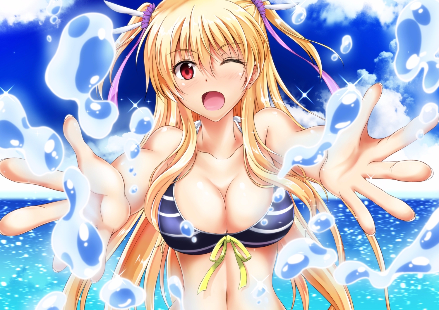 alisa_reinford, bikini, blonde_hair, blush, breasts, cleavage, clouds, eiyuu_densetsu, kagura_yuuto, long_hair, navel, red_eyes, sen_no_kiseki, sky, swimsuit, twintails, water, wink