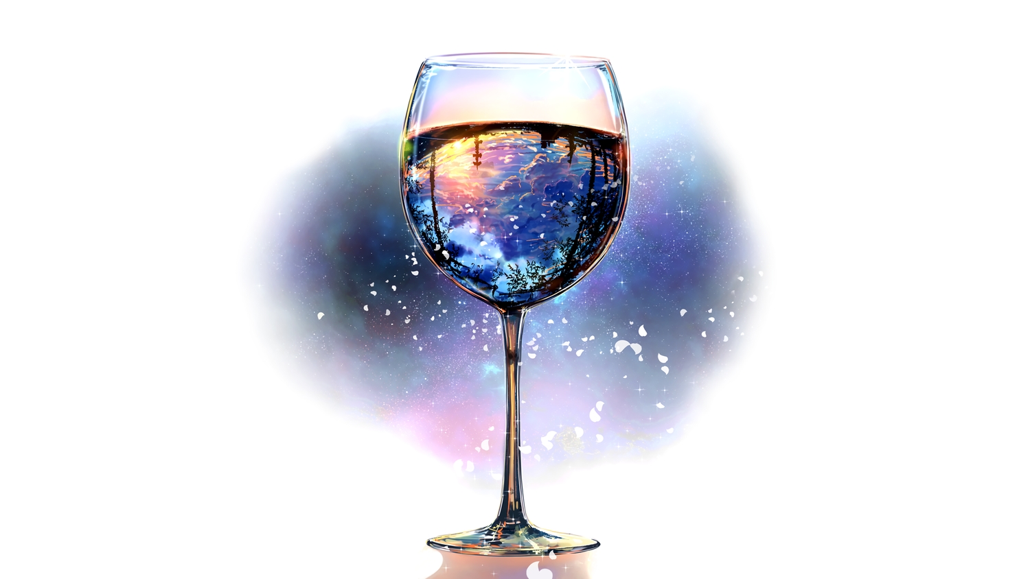 byakuya_reki, clouds, drink, no_humans, original, petals, reflection, sky, stars, sunset, third-party_edit, tree, white