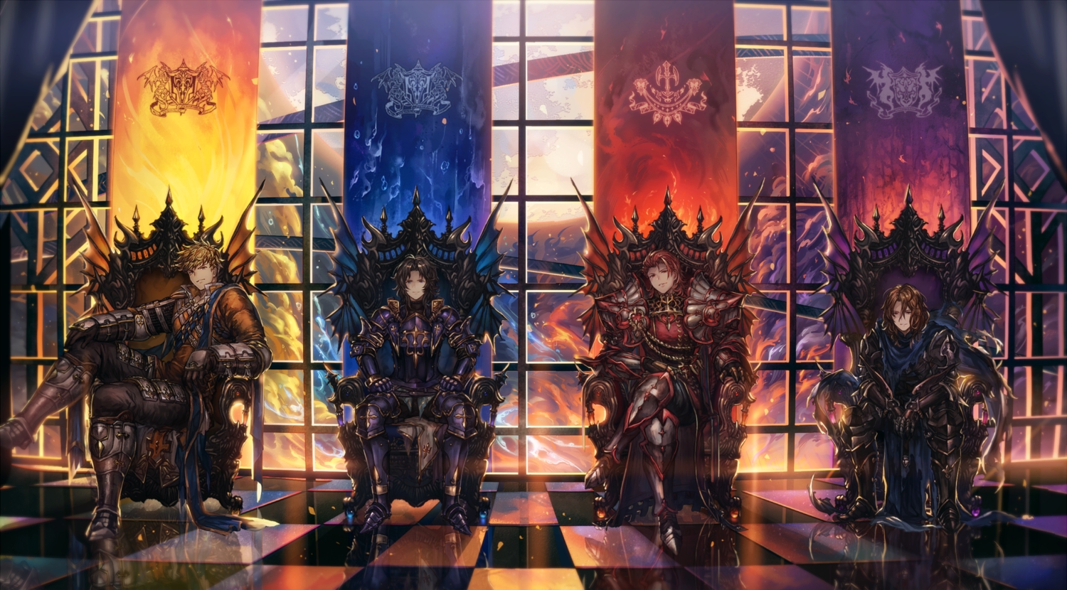 all_male, armor, black_hair, blonde_hair, boots, brown_hair, gawain_(granblue_fantasy), gloves, granblue_fantasy, group, lancelot_(granblue_fantasy), long_hair, male, percival_(granblue_fantasy), red_eyes, red_hair, reflection, shigaraki_(strobe_blue), short_hair, siegfried_(granblue_fantasy), yellow_eyes