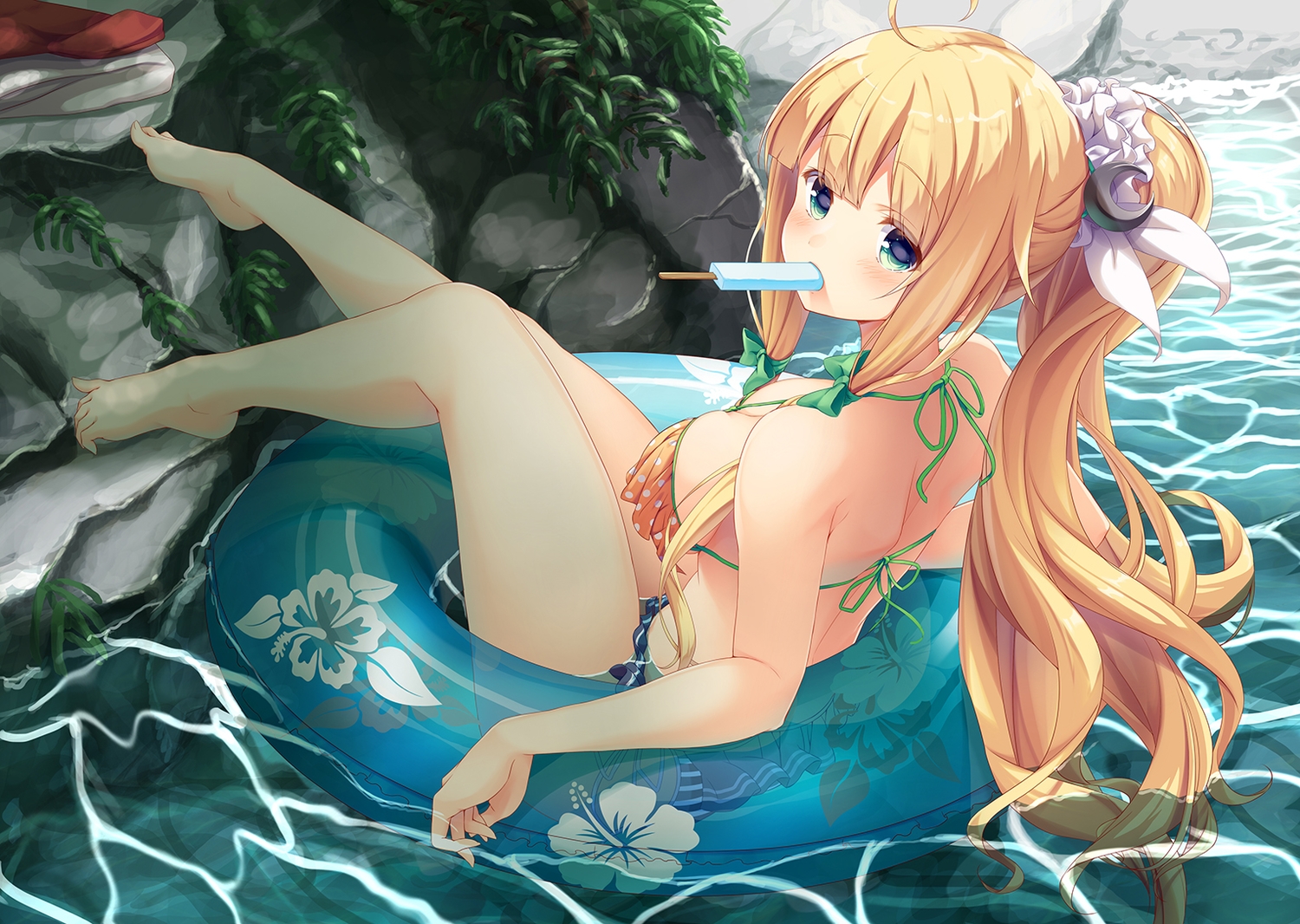 bikini, blonde_hair, green_eyes, long_hair, mafuyun, original, popsicle, swim_ring, swimsuit, water