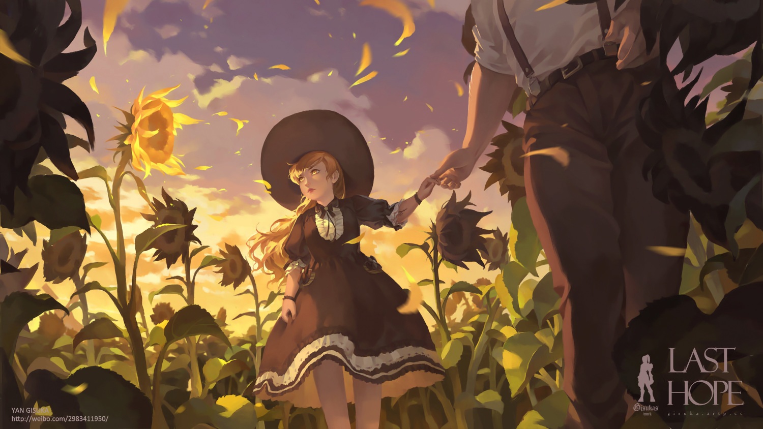 blonde_hair, clouds, dress, flowers, gisuka_yan, hat, long_hair, original, sky, sunflower, sunset, tattoo, yellow_eyes
