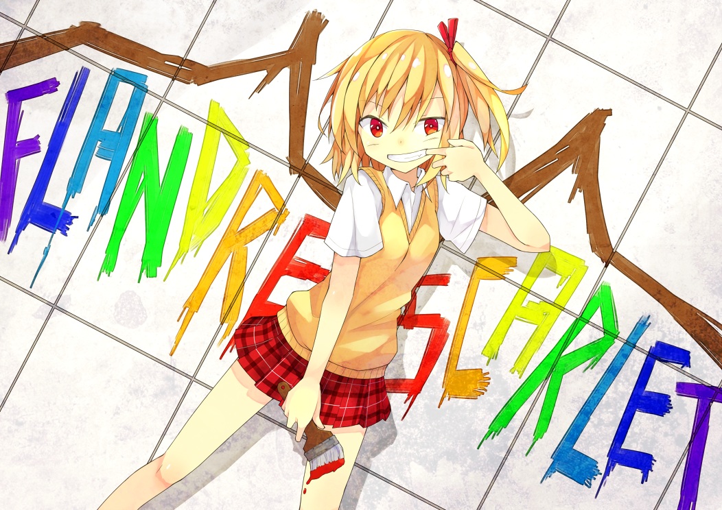 aliasing, asameshi, blonde_hair, flandre_scarlet, graffiti, ponytail, red_eyes, school_uniform, short_hair, touhou