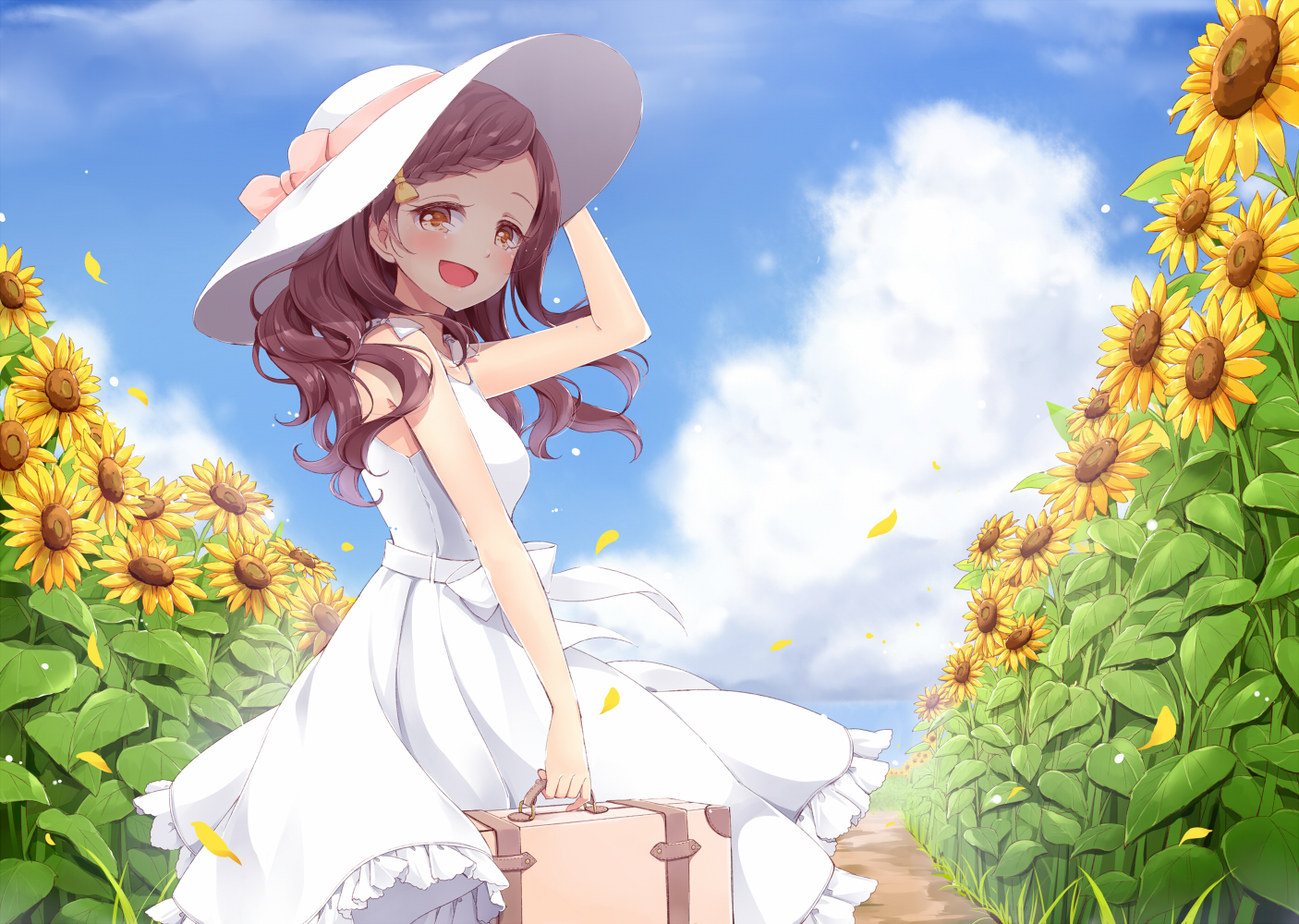 bow, braids, brown_hair, clouds, dress, flowers, hat, hazuki_natsu