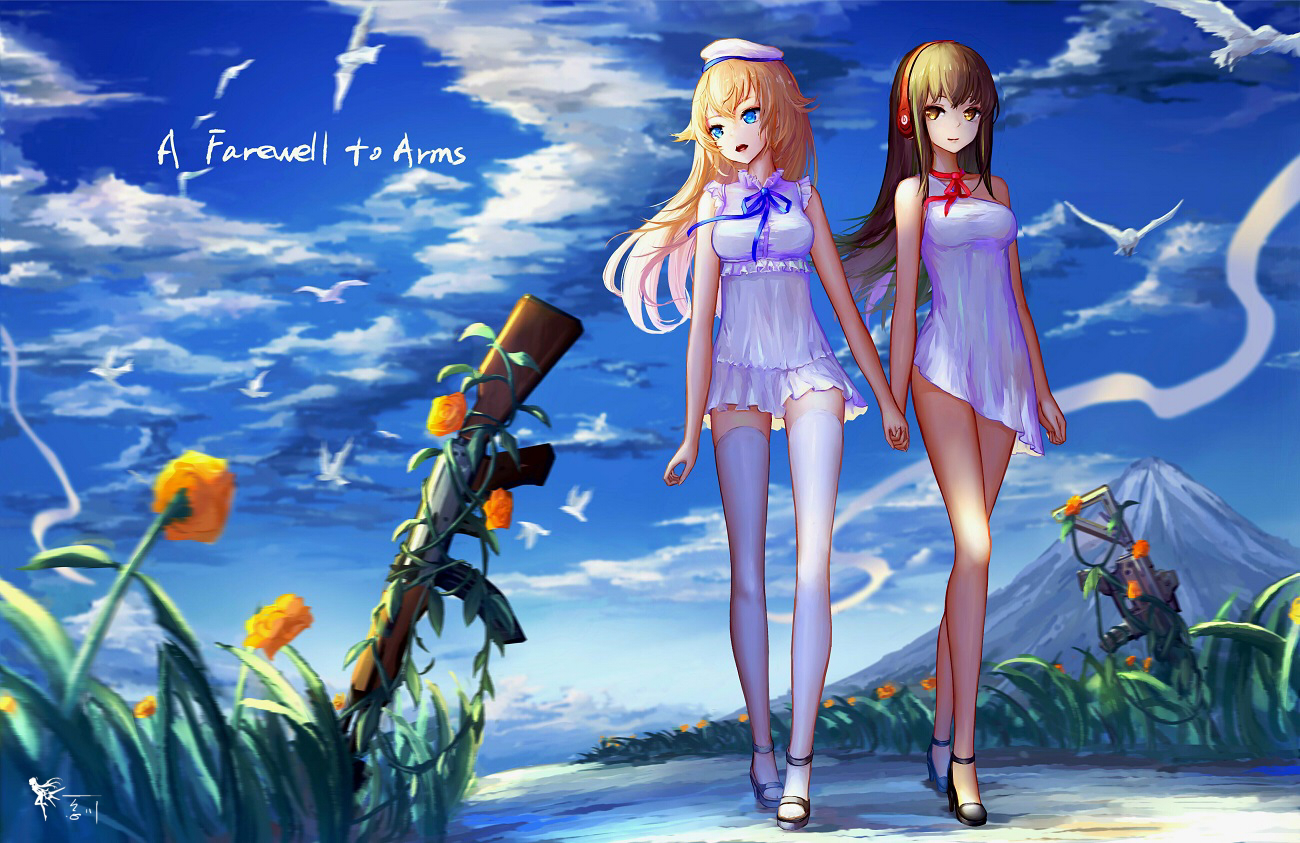 2girls, ak-47_(girls_frontline), aliasing, anthropomorphism, aqua_eyes, blonde_hair, brown_eyes, brown_hair, clouds, dress, flowers, girls_frontline, gun, hat, headphones, long_hair, m4a1_(girls_frontline), ribbons, shoujo_ai, sky, summer_dress, thighhighs, wangchuan_de_quanyan, weapon, zettai_ryouiki