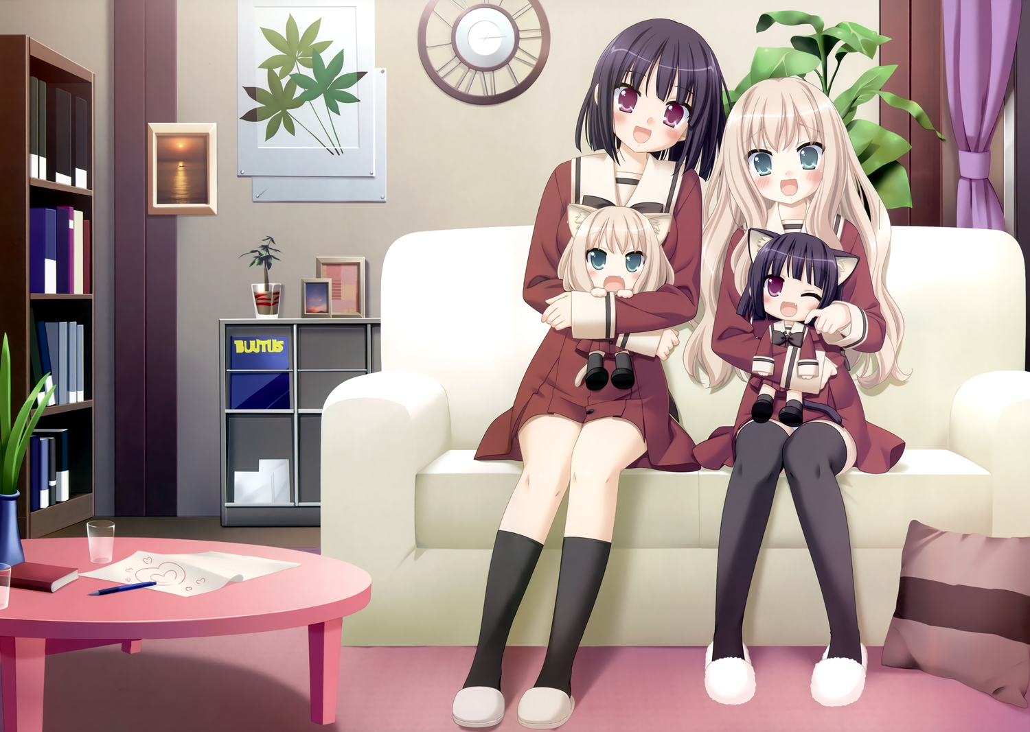 animal_ears, aqua_eyes, blonde_hair, chibi, kani_biimu, kawamura_reo, kneehighs, purple_eyes, purple_hair, sawaguchi_mai, scan, school_uniform, sono_hanabira_ni_kuchizuke_wo, tail, thighhighs