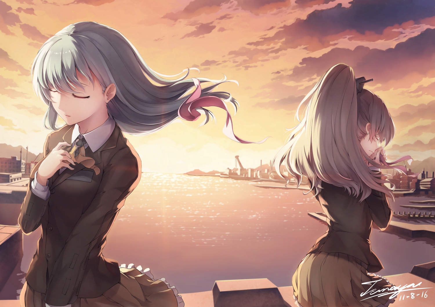 2girls, anthropomorphism, brown_hair, building, city, green_hair, kantai_collection, kumano_(kancolle), long_hair, ponytail, ribbons, signed, skirt, sky, sunset, suzuya_(kancolle), tamashii_yuu, water