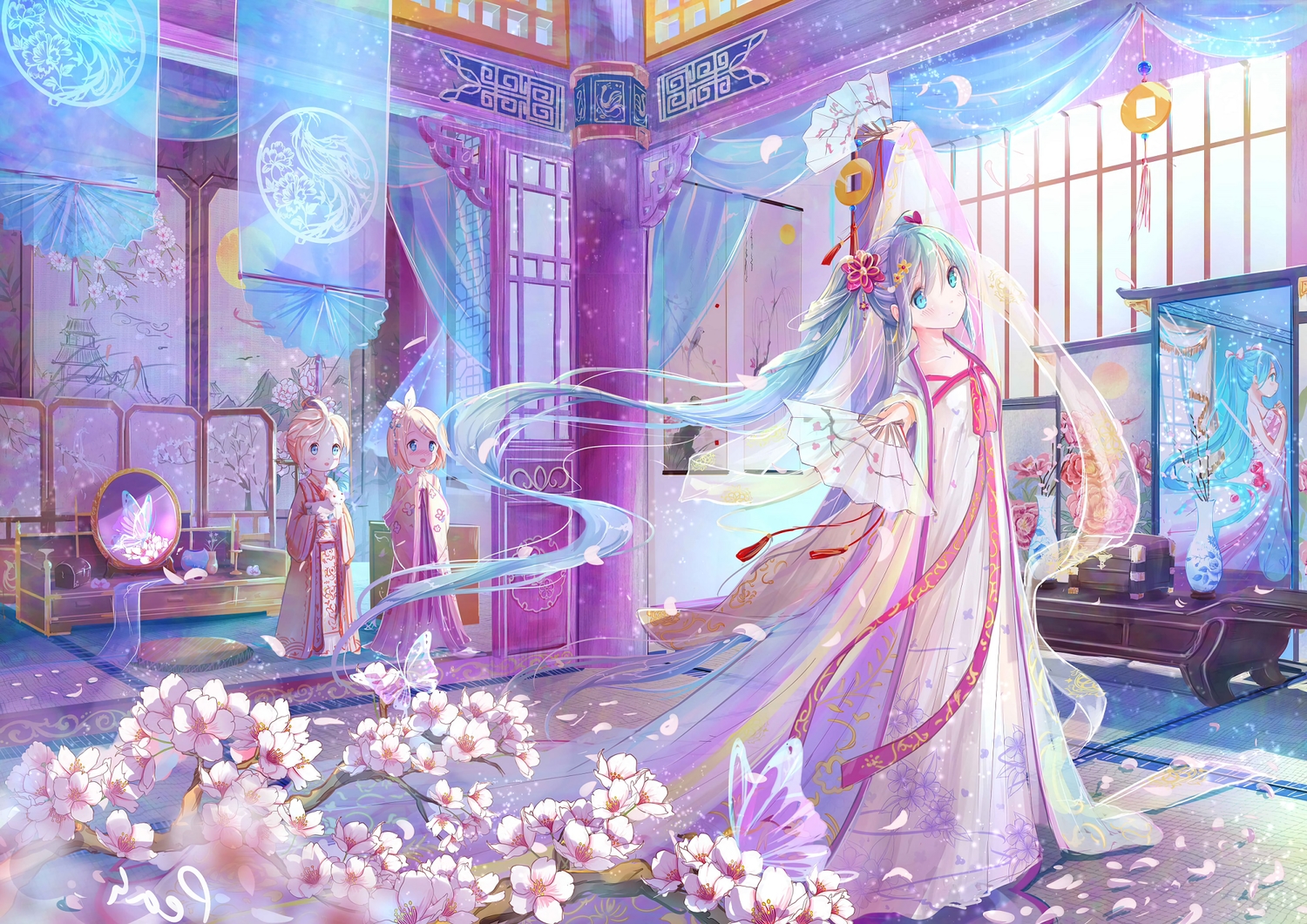 aliasing, aqua_hair, blonde_hair, blue_eyes, blush, butterfly, cherry_blossoms, chinese_clothes, fan, flowers, hatsune_miku, kagamine_len, kagamine_rin, loli, long_hair, male, mirror, peas_(peas0125), petals, reflection, short_hair, twintails, vocaloid