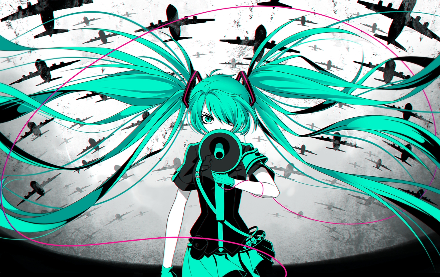 aircraft, aqua_eyes, aqua_hair, gloves, hatsune_miku, koi_wa_sensou_(vocaloid), long_hair, polychromatic, rimuu, twintails, uniform, vocaloid, waifu2x