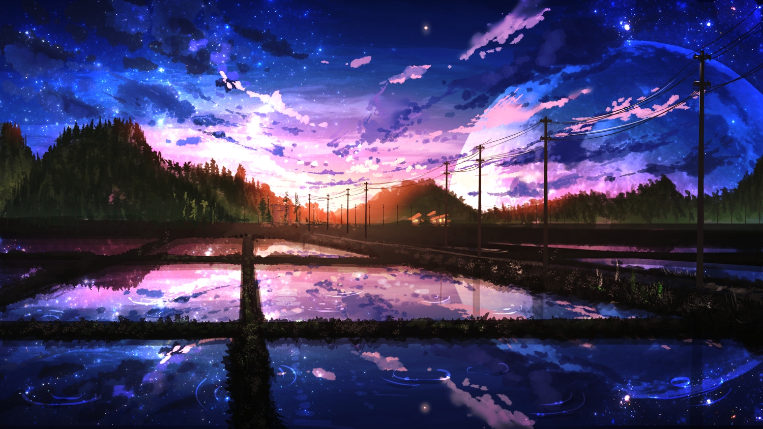 building, clouds, forest, landscape, moon, night, no_humans, original, reflection, scenic, sky, smile_(qd4nsvik), stars, sunset, tree, water