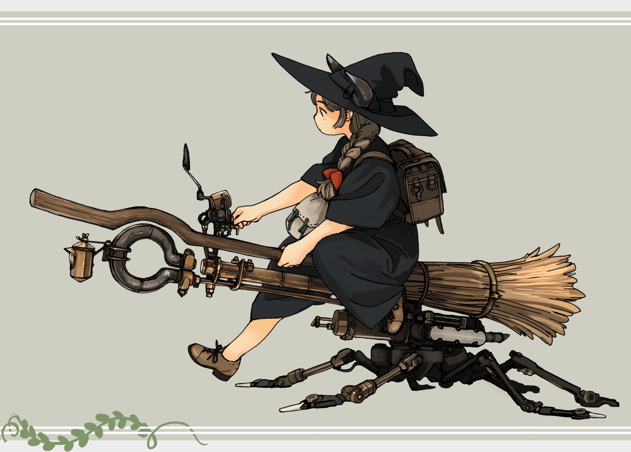 akai_sashimi, braids, dress, gray_hair, hat, horns, long_hair, mecha, original, ponytail, witch, witch_hat