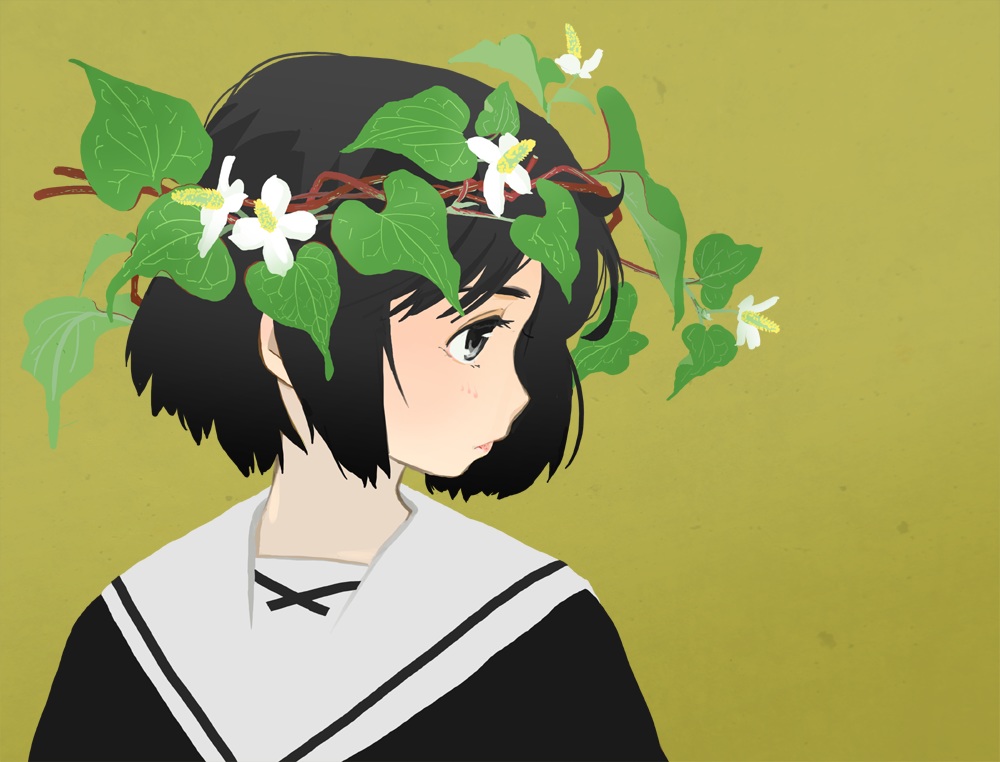 akai_sashimi, black_hair, close, flowers, gray_eyes, green, headdress, leaves