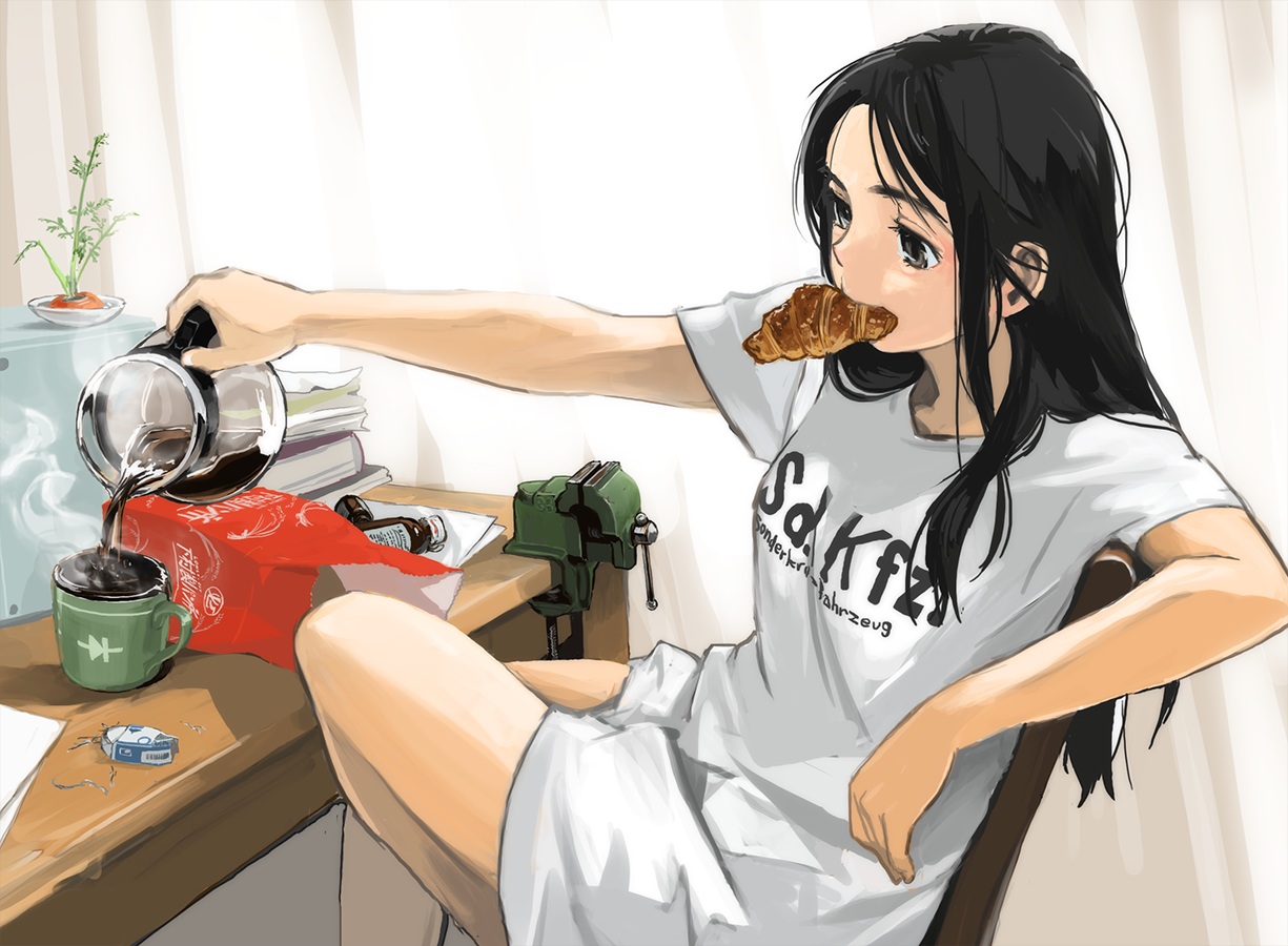 akai_sashimi, black_eyes, black_hair, drink, food, long_hair, original, paper