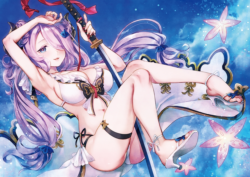 ass, bikini, blue_eyes, breasts, cleavage, clouds, garter, granblue_fantasy, katana, long_hair, namanie, narmaya_(granblue_fantasy), navel, purple_hair, ribbons, sky, swimsuit, sword, twintails, weapon
