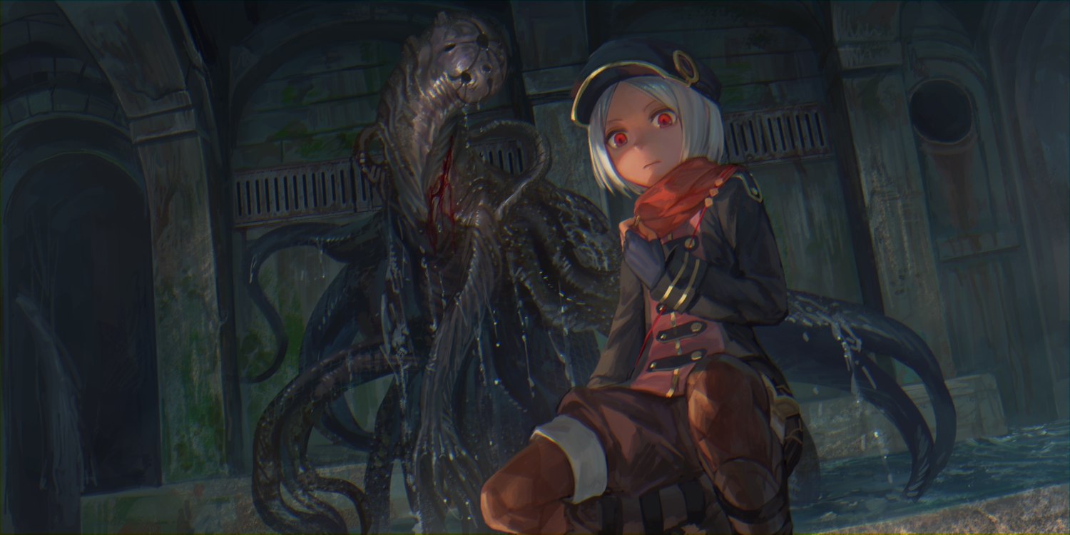 blood, boots, gloves, hat, original, ox_(baallore), ramina_(baallore), red_eyes