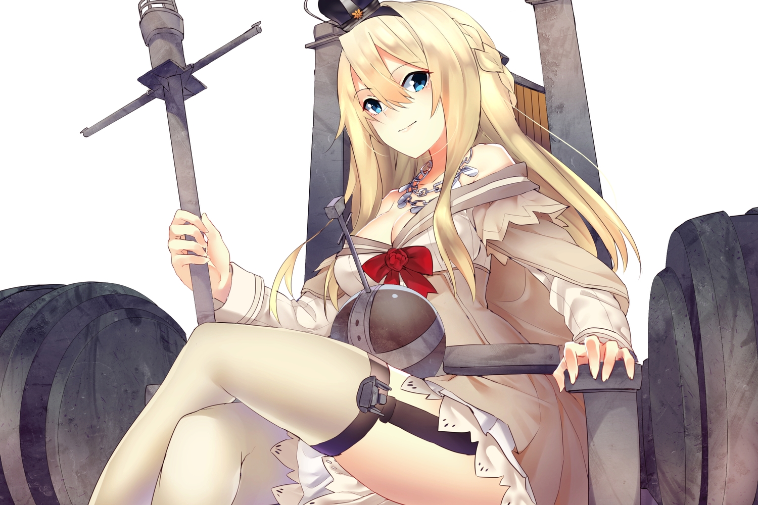 anthropomorphism, aqua_eyes, blonde_hair, bow, braids, breasts, cleavage, crown