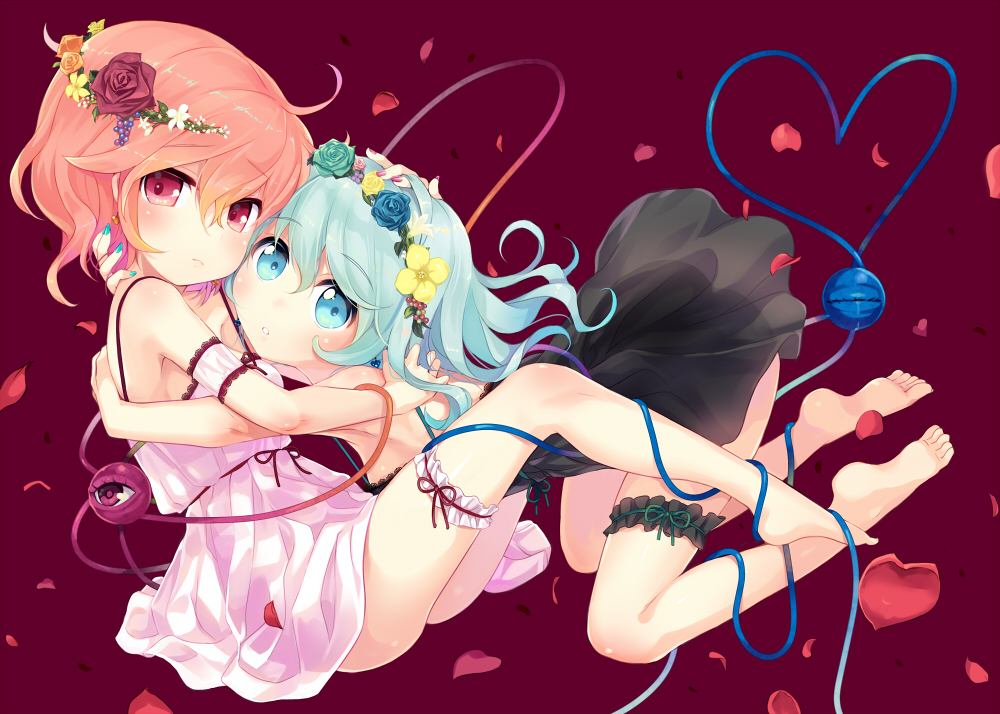 2girls, aqua_eyes, aqua_hair, dress, garter, headdress, hug, komeiji_koishi