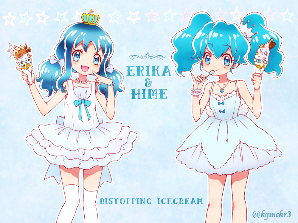 2girls, aqua_eyes, aqua_hair, blue_hair, bow, crown, dress, food