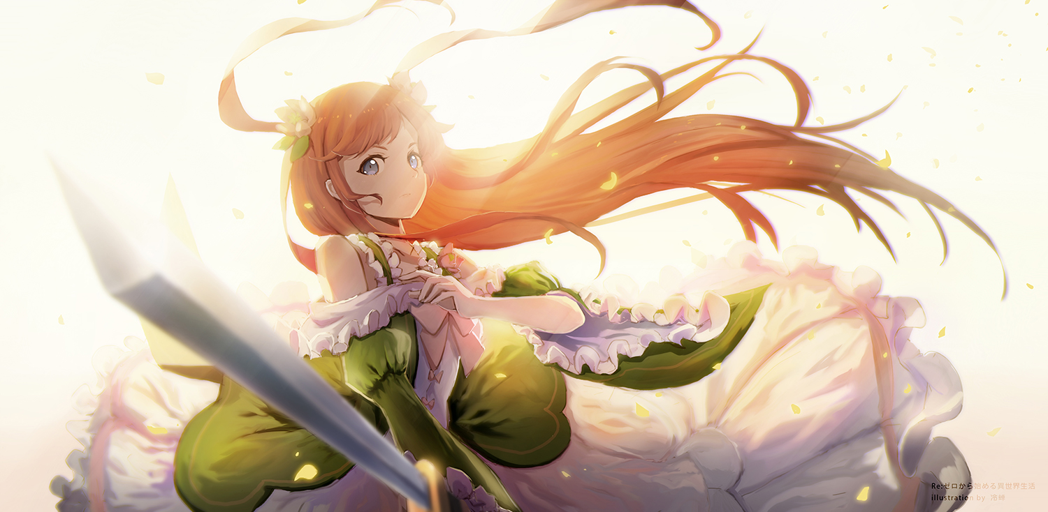 blue_eyes, dress, lengchan_(fu626878068), long_hair, orange_hair, re:zero_kara_hajimeru_isekai_seikatsu, sword, thearesia_van_astrea, watermark, weapon