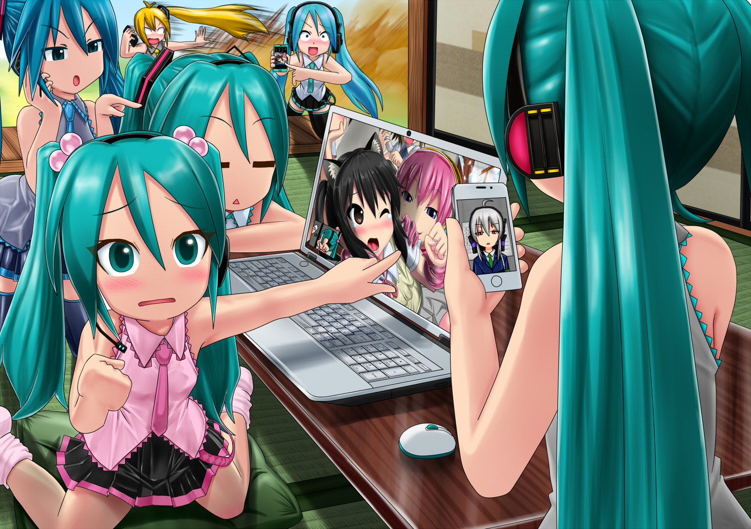 akita_neru, computer, hatsune_miku, headphones, kazu-chan, k-on!, loli, long_hair