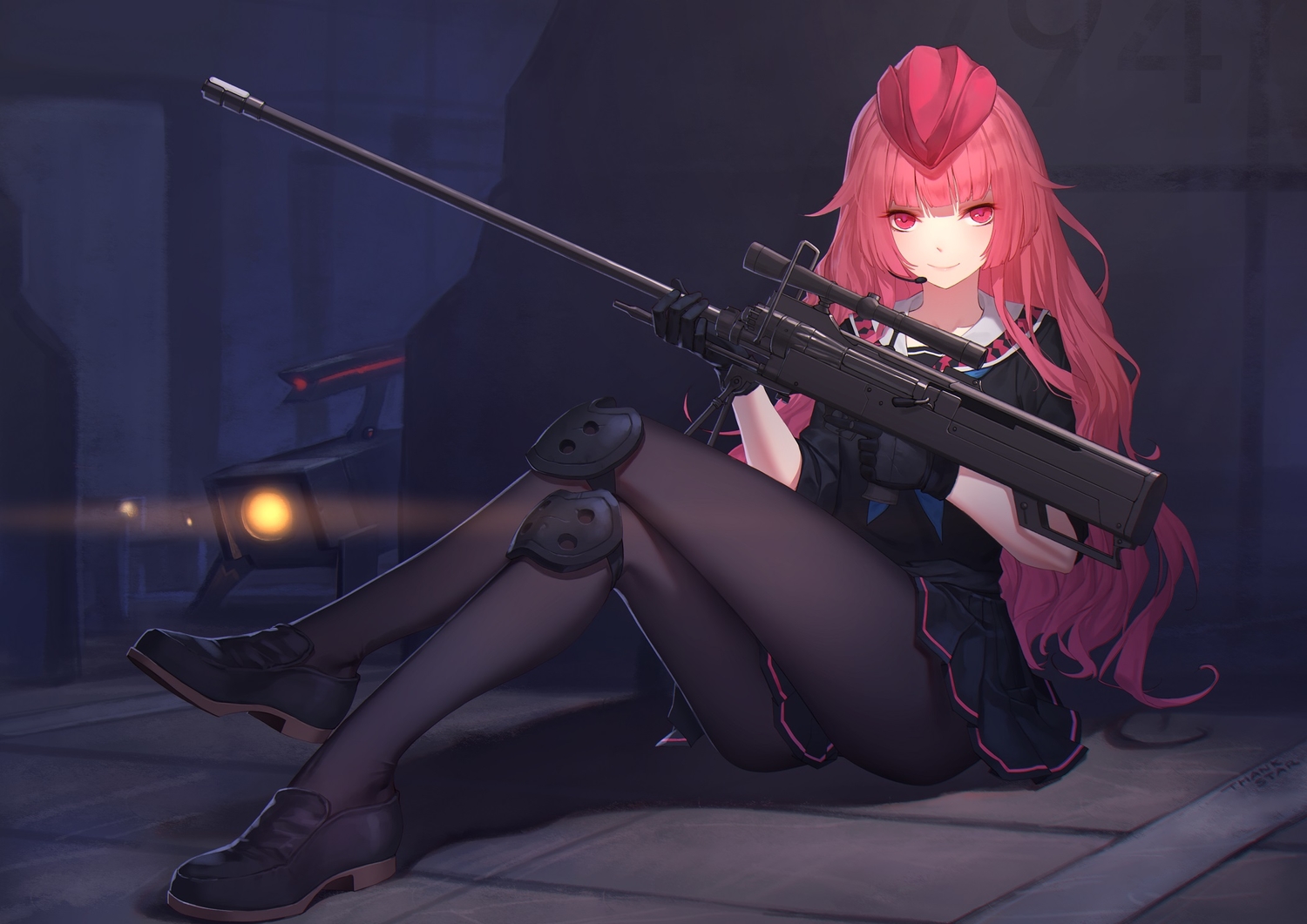 anthropomorphism, daye_bie_qia_lian, girls_frontline, gloves, gun, hat, long_hair, night, ntw-20_(girls_frontline), pantyhose, pink_eyes, pink_hair, school_uniform, weapon
