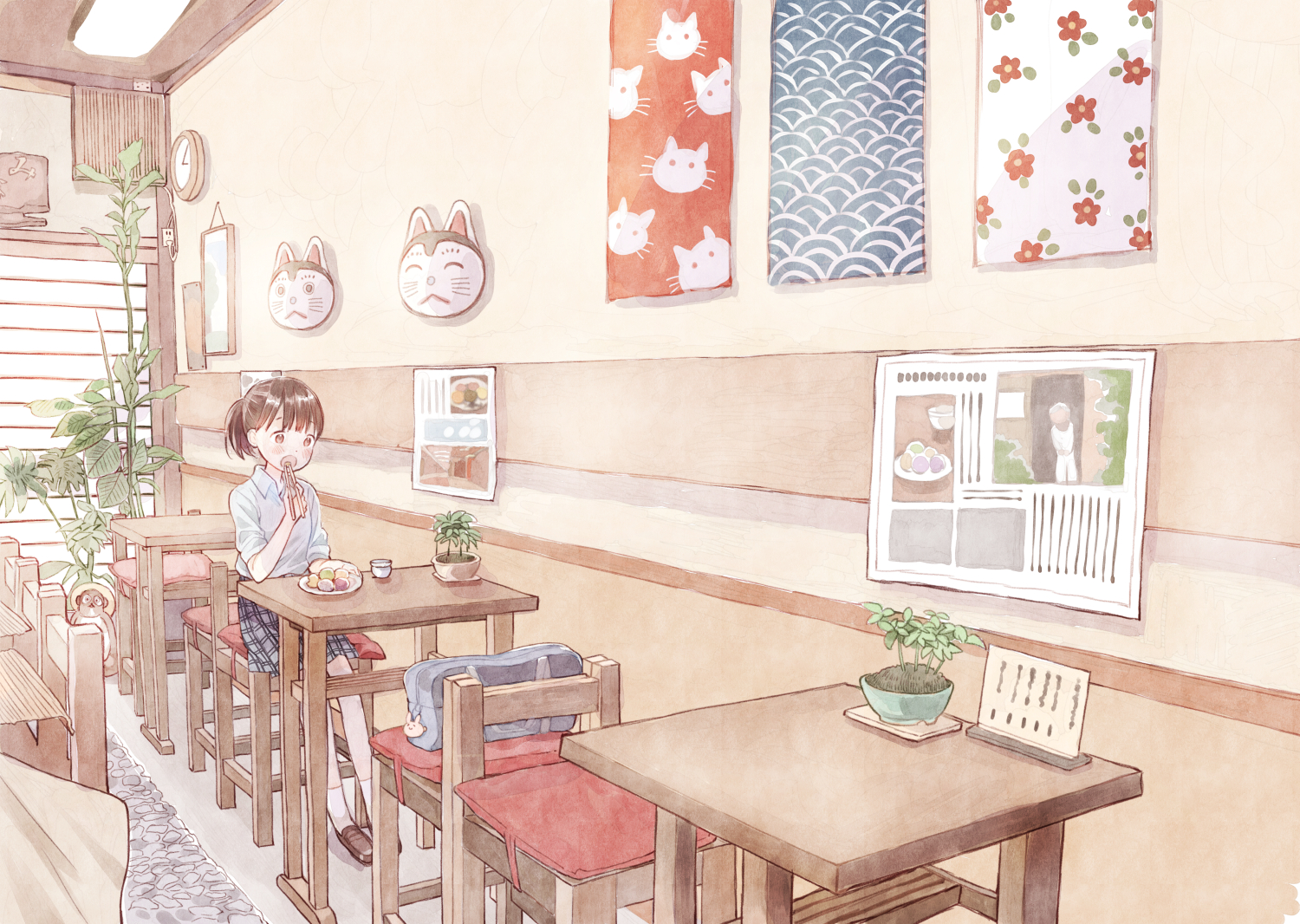 blush, brown_eyes, brown_hair, food, mask, original, ponytail, school_uniform, socks, tree, yuu_(plasm)