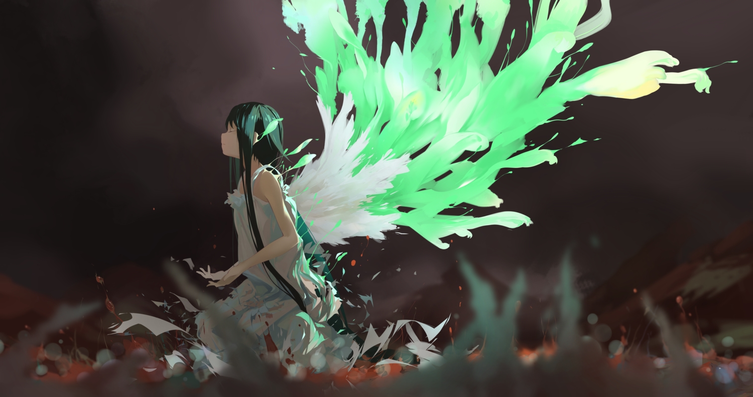 dc_(12696462), dress, green_eyes, green_hair, saya, saya_no_uta, wings