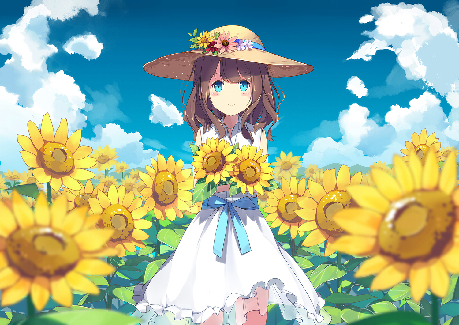 aqua_eyes, ashima_(roro046), blush, bow, brown_hair, clouds, dress, flowers