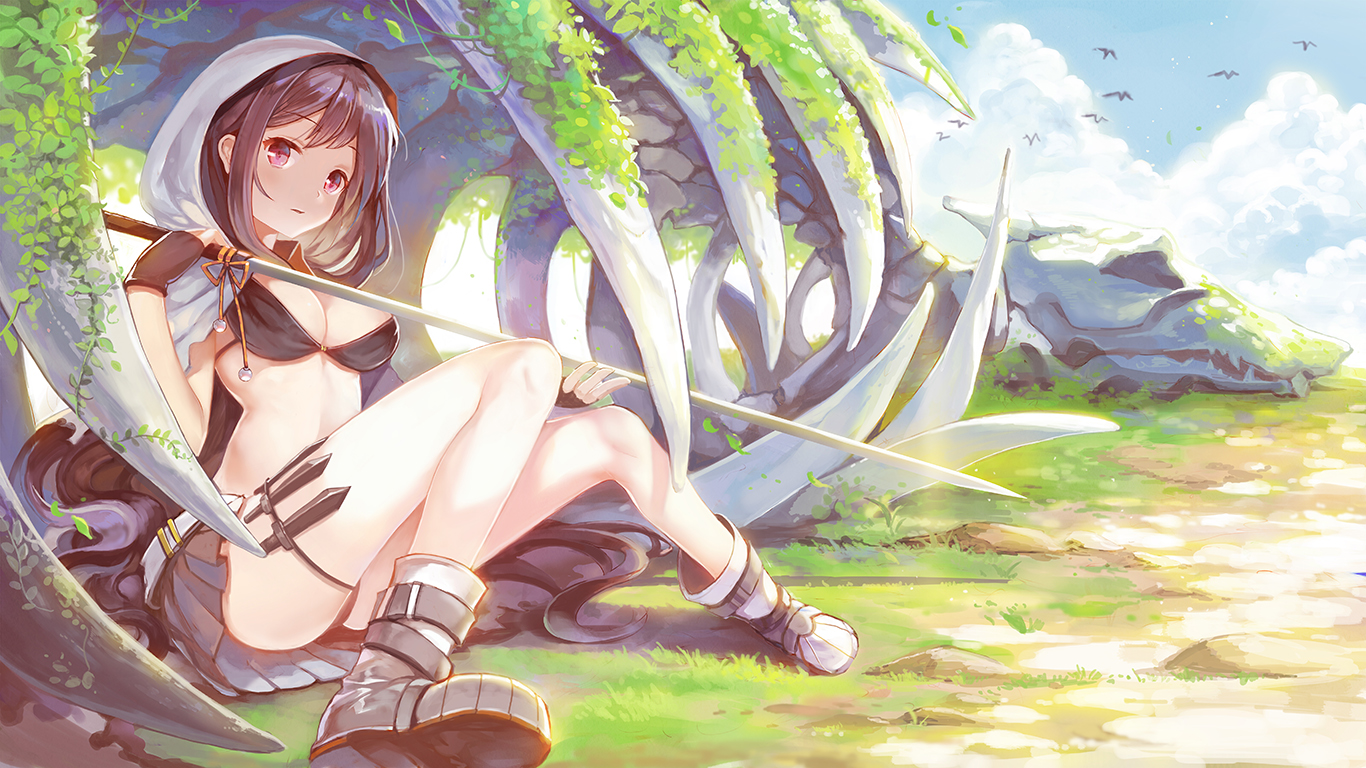 bones, boots, breasts, cleavage, grass, hood, katana, long_hair, original, sibyl, sword, weapon