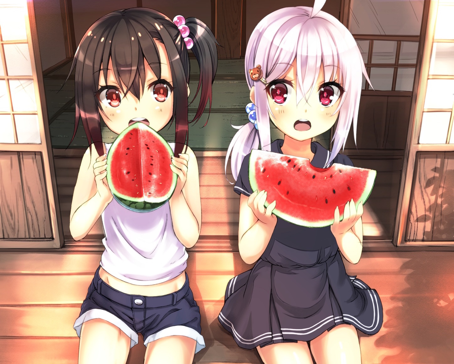 2girls, blush, brown_hair, cropped, dress, food, fruit, loli, original, pink_eyes, ponytail, red_eyes, setsuna_(miraichizu), shirono_mirai, shirt, shorts, watermelon, white_hair, zero_(miraichizu)