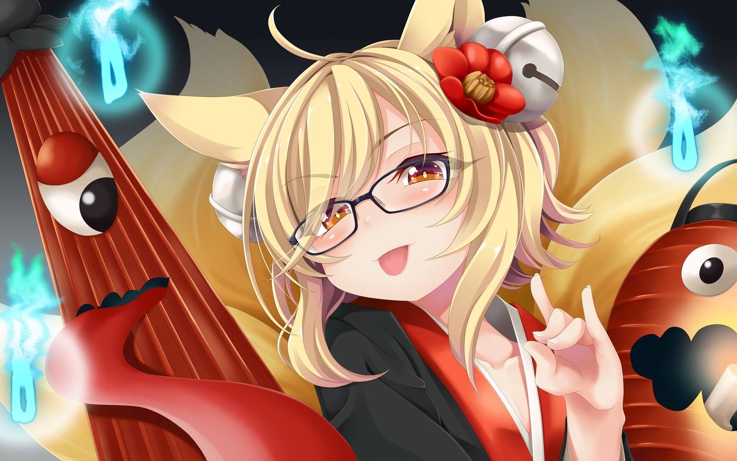 animal_ears, blonde_hair, blush, brown_eyes, close, foxgirl, glasses, inari_(sennen_sensou_aigis), multiple_tails, ogami_kazuki, sennen_sensou_aigis, short_hair, tail