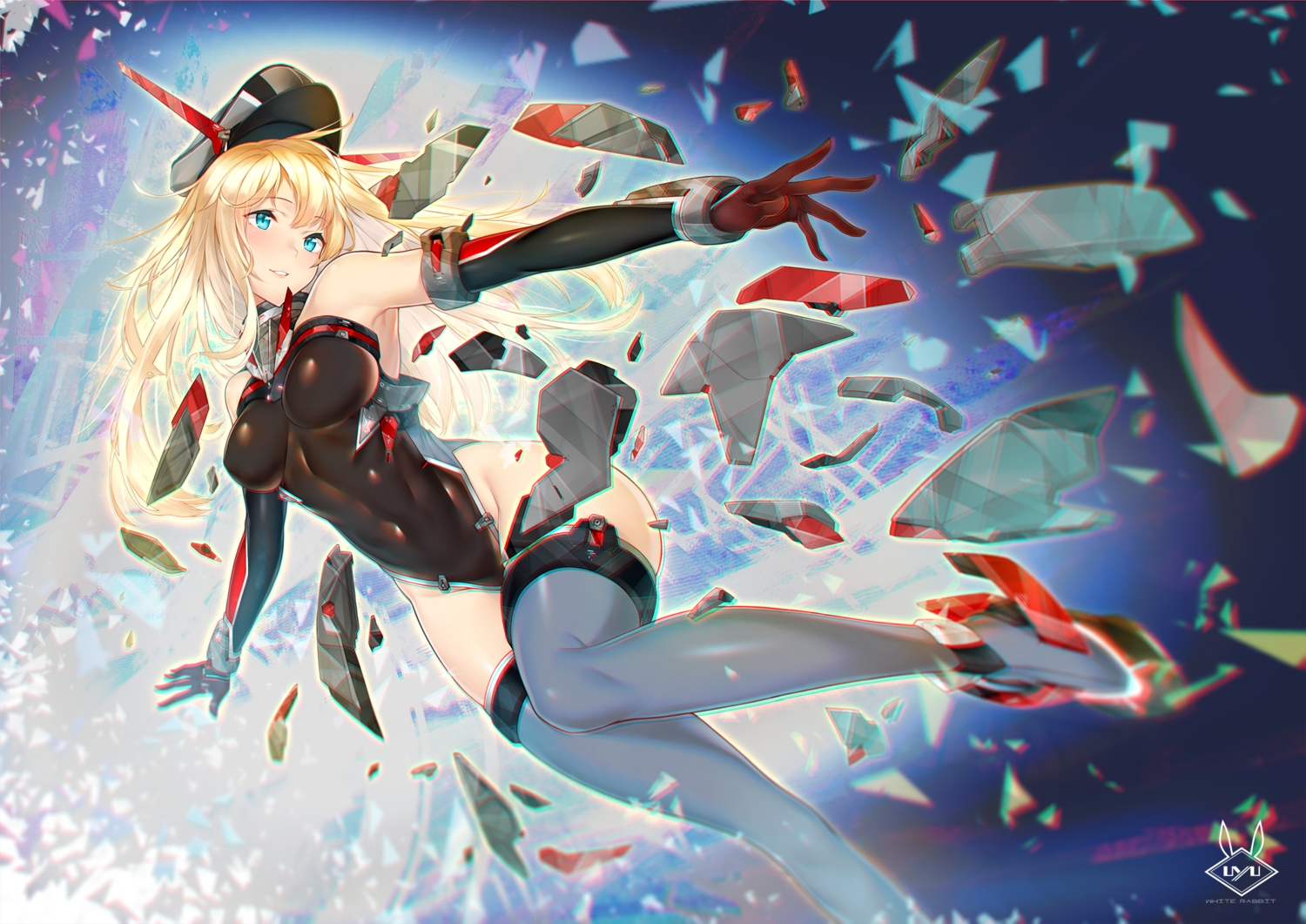 anthropomorphism, aqua_eyes, armor, bismarck_(kancolle), blonde_hair, bodysuit, boots, breasts, collar, elbow_gloves, gloves, hat, kantai_collection, long_hair, navel, skintight, thighhighs, uyu_(keyakinoki)