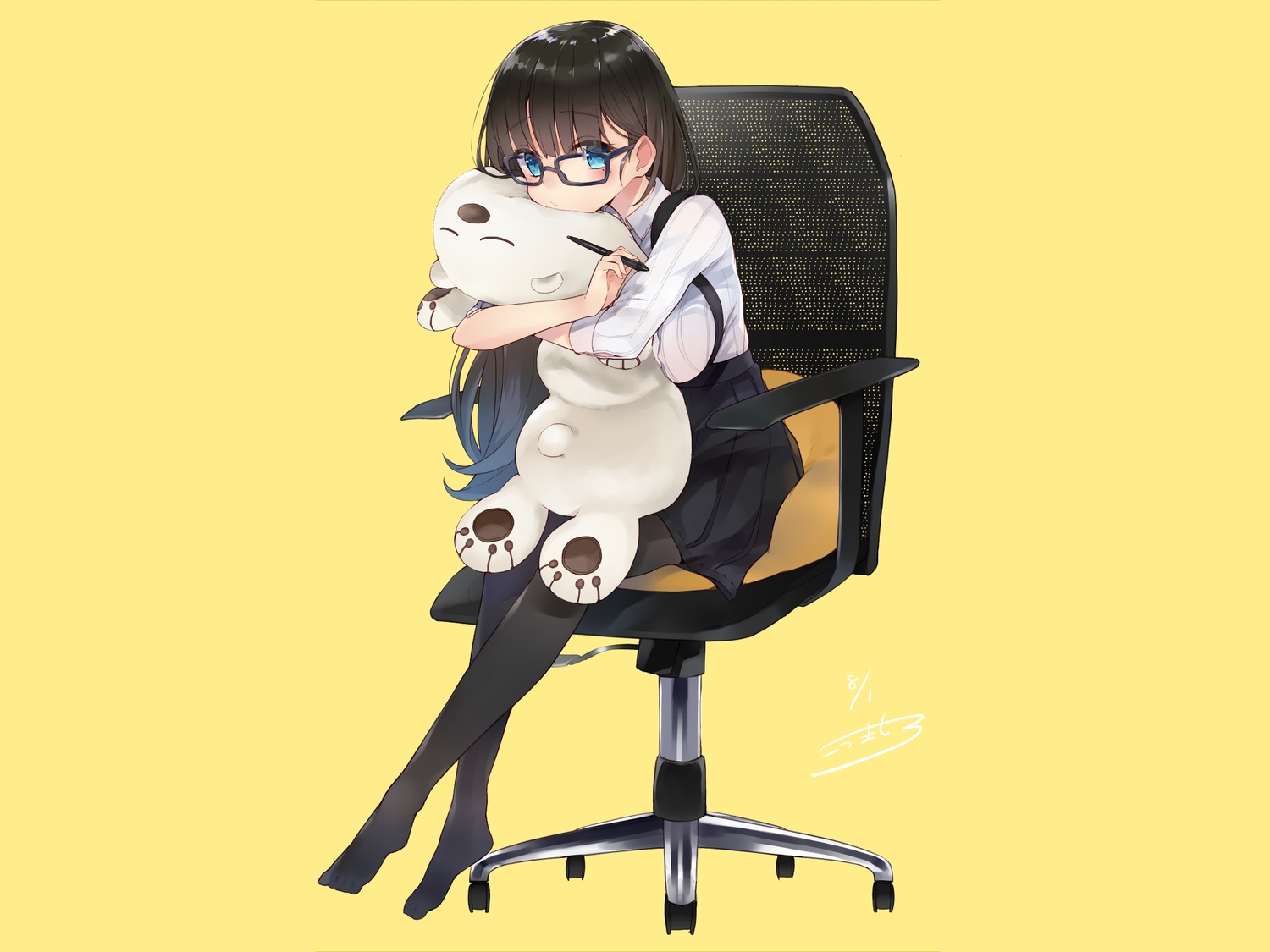 aliasing, aqua_eyes, black_hair, glasses, kou_mashiro, long_hair, original, pantyhose
