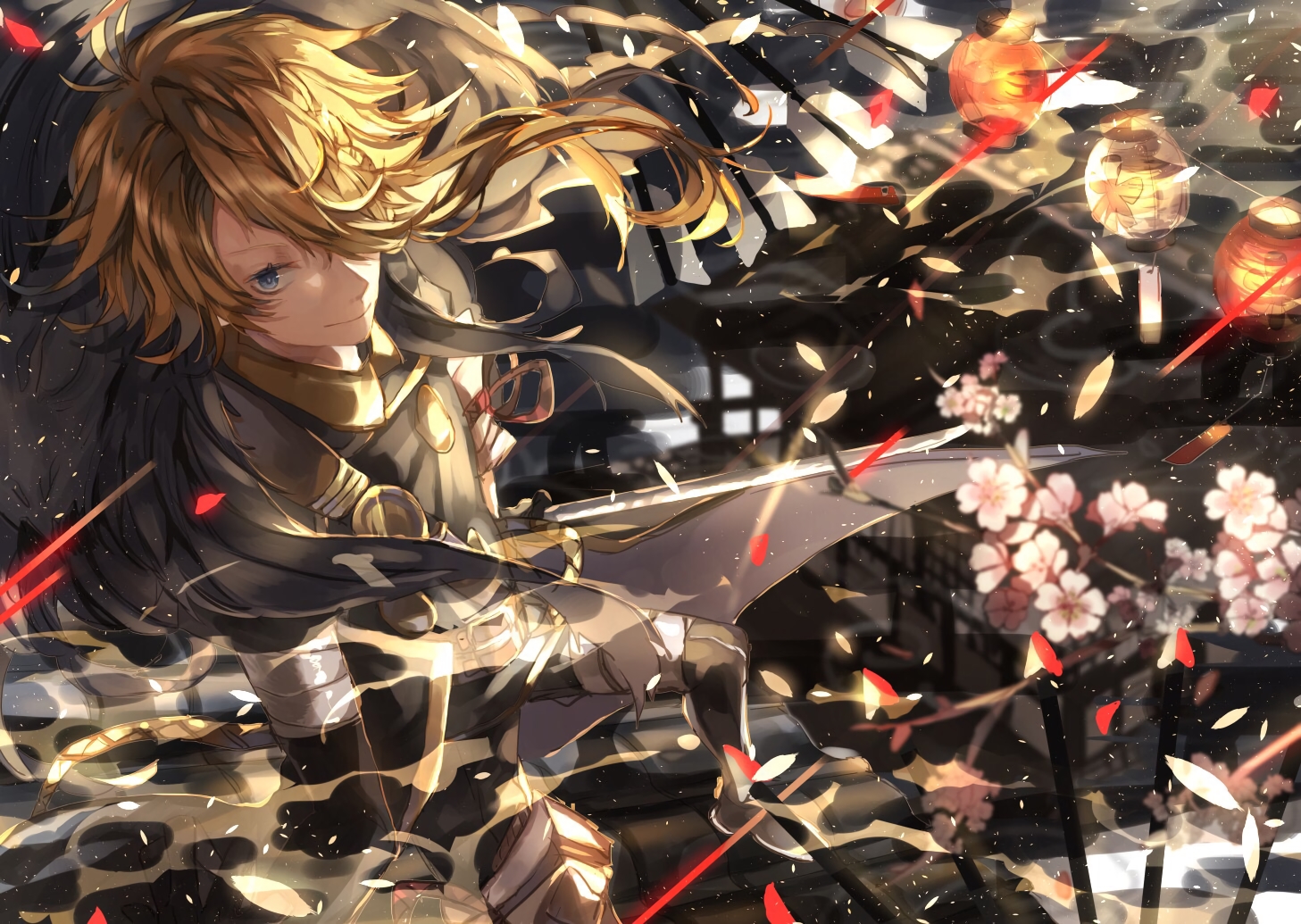 all_male, anthropomorphism, blonde_hair, blue_eyes, cherry_blossoms, flowers, male, shishiou, touken_ranbu, tsugutoku